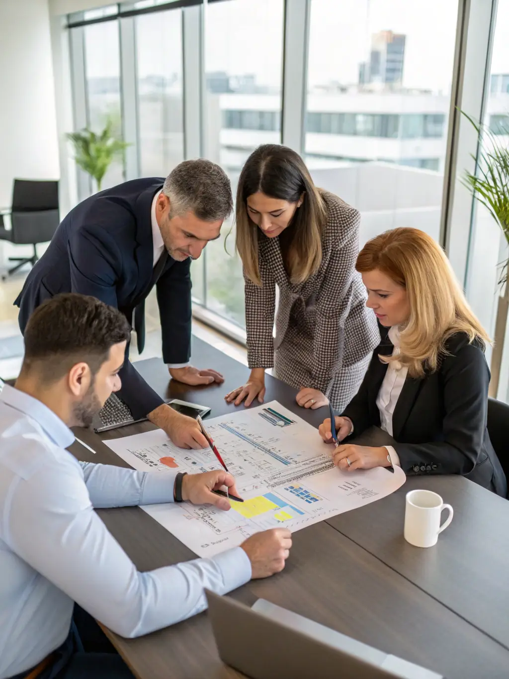 An image of a business team analyzing charts and strategic plans on a conference table, representing strategic management consulting.