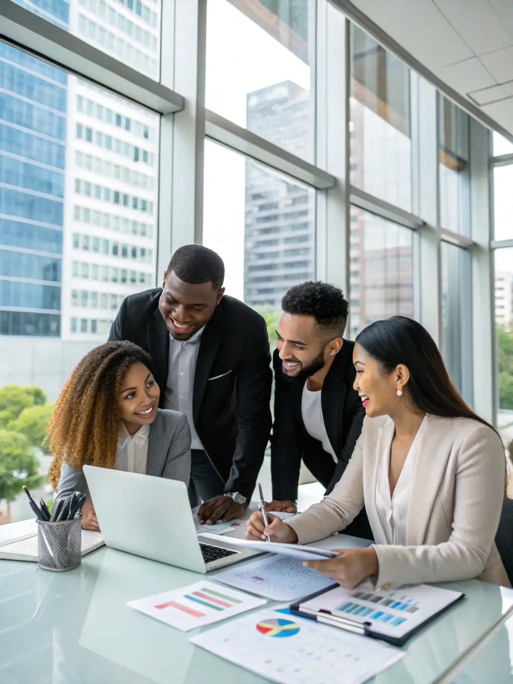 A diverse team of consultants collaborating around a table, reviewing strategic documents and discussing innovative solutions for a client's business challenge.