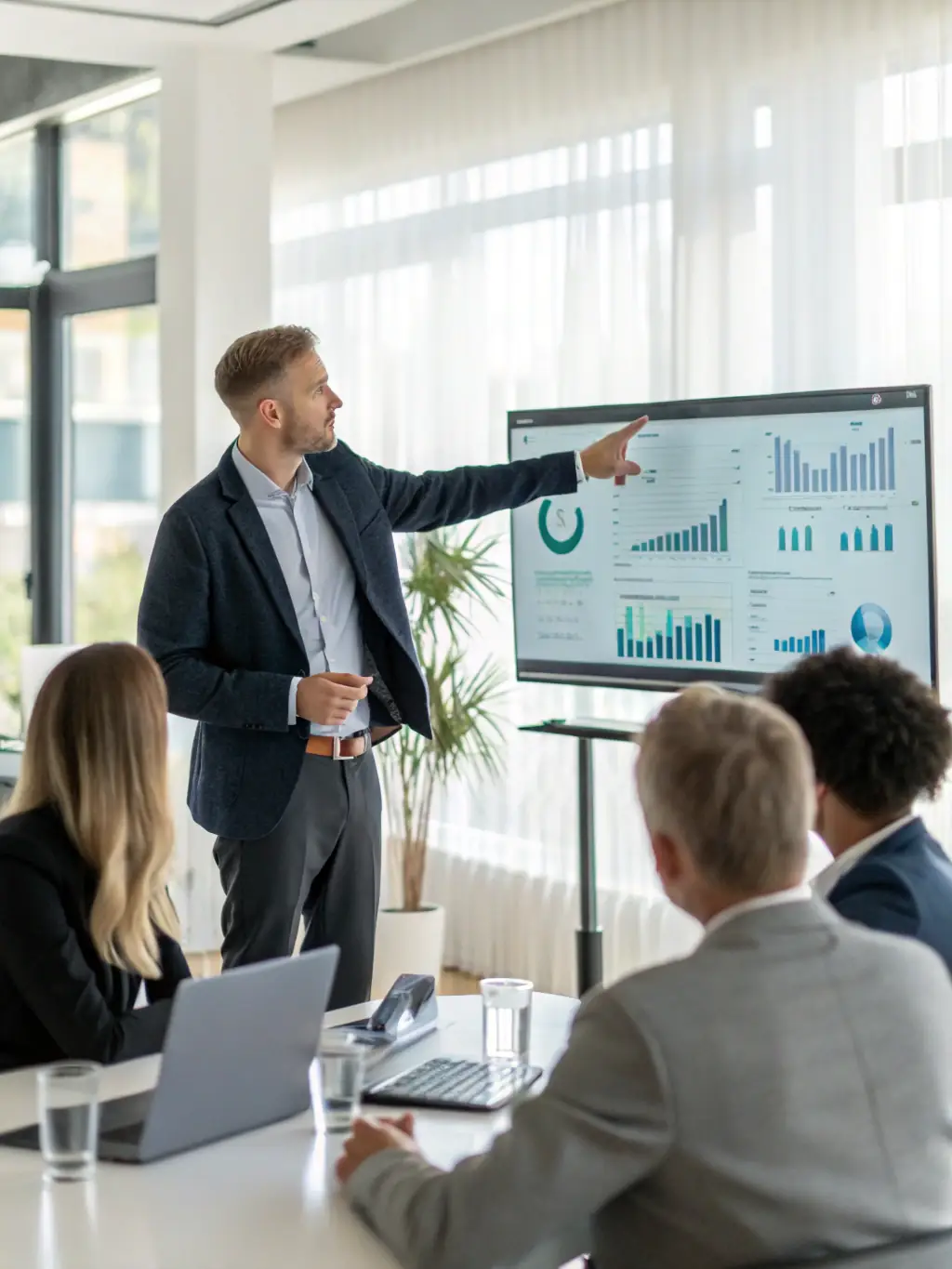 A consultant presenting a project report to a client's executive team, showcasing the positive outcomes and strategic impact of the consulting engagement.