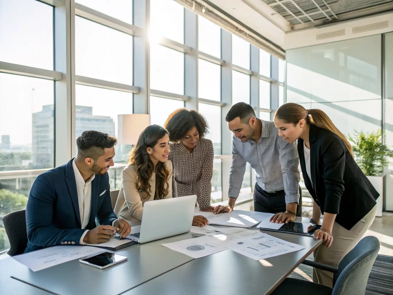 A diverse team of consultants brainstorming ideas in a brightly lit conference room, symbolizing Scrupulous Ltd's focus on innovation and strategic planning.