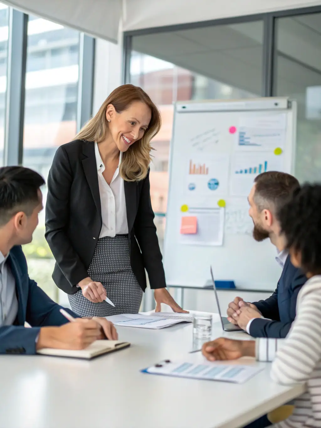 A consultant leading a workshop, guiding a group of managers through a leadership development exercise, fostering teamwork and communication skills.