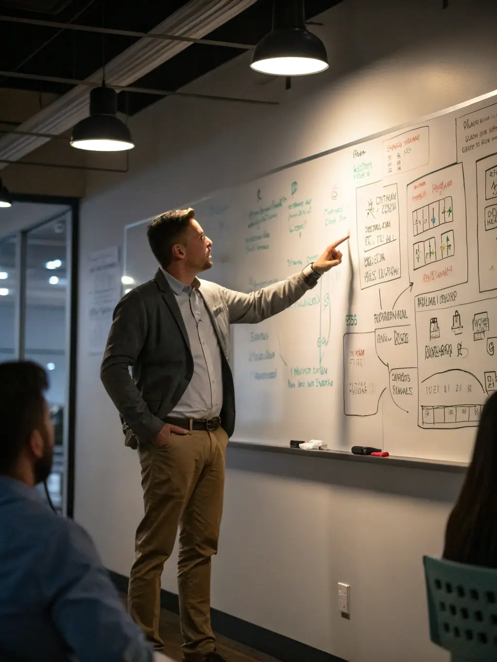 A consultant analyzing data and process flows on a whiteboard, identifying bottlenecks and inefficiencies in a client's operational processes.